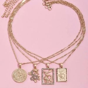 GOLD 4 PIECE DRAGON CHARMS ROPE CHAIN LAYERED NECKLACE SET SEXY RETRO LUXURY‎